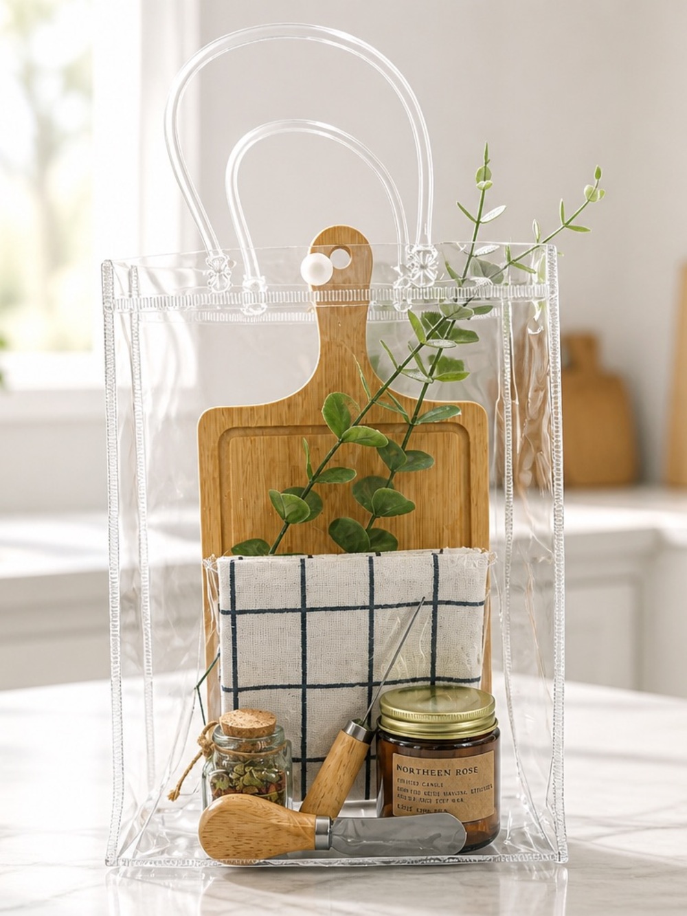 Clear PVC Kitchen Tote Bag - cutting board, candle, towel, decor